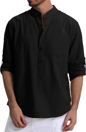 RPOVIG Men's Linen Shirts Long Sleeve Button Down Beach Shirt Henley Casual T Shirt Summer Clothes Soft Lightweight