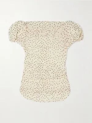 Ruched polka-dot print stretch-silk chiffon top