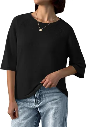 Saodimallsu Womens Half Sleeve Sweater Tops Summer Crew Neck Casual Loose Lightweight Sweaters Knit Pullover Shirts