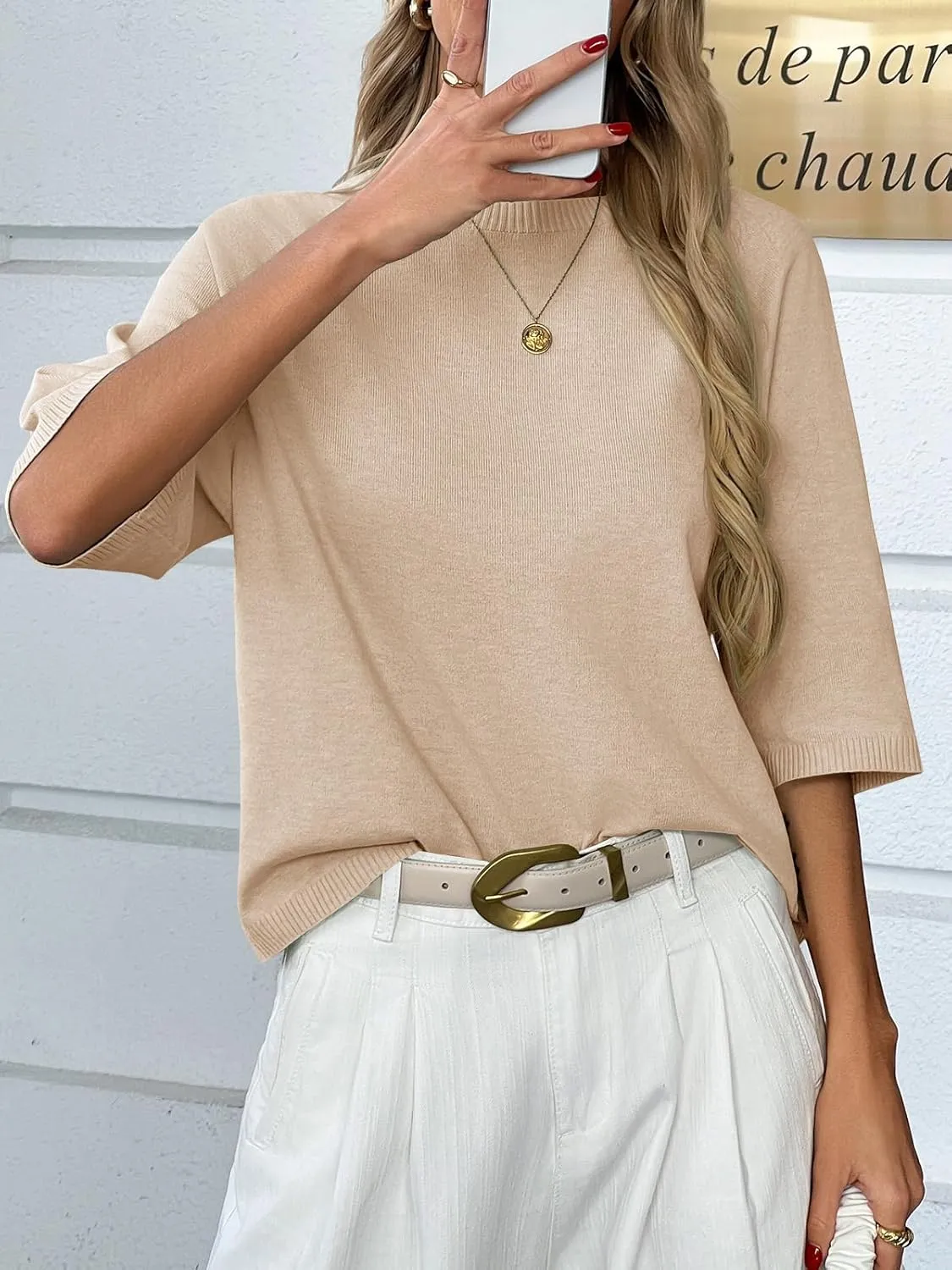 Saodimallsu Womens Half Sleeve Sweater Tops Summer Crew Neck Casual Loose Lightweight Sweaters Knit Pullover Shirts