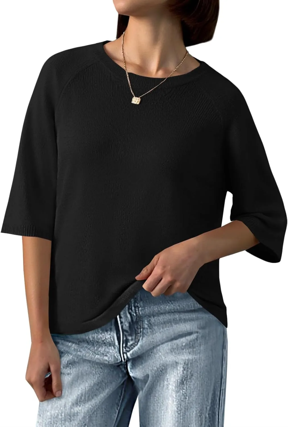 Saodimallsu Womens Half Sleeve Sweater Tops Summer Crew Neck Casual Loose Lightweight Sweaters Knit Pullover Shirts