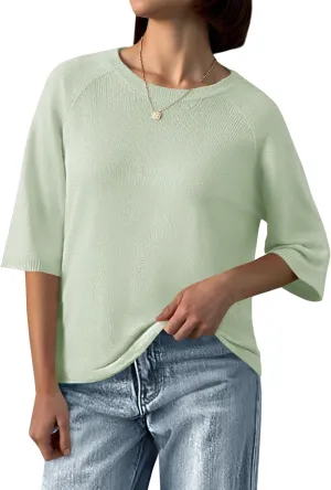 Saodimallsu Womens Half Sleeve Sweater Tops Summer Crew Neck Casual Loose Lightweight Sweaters Knit Pullover Shirts
