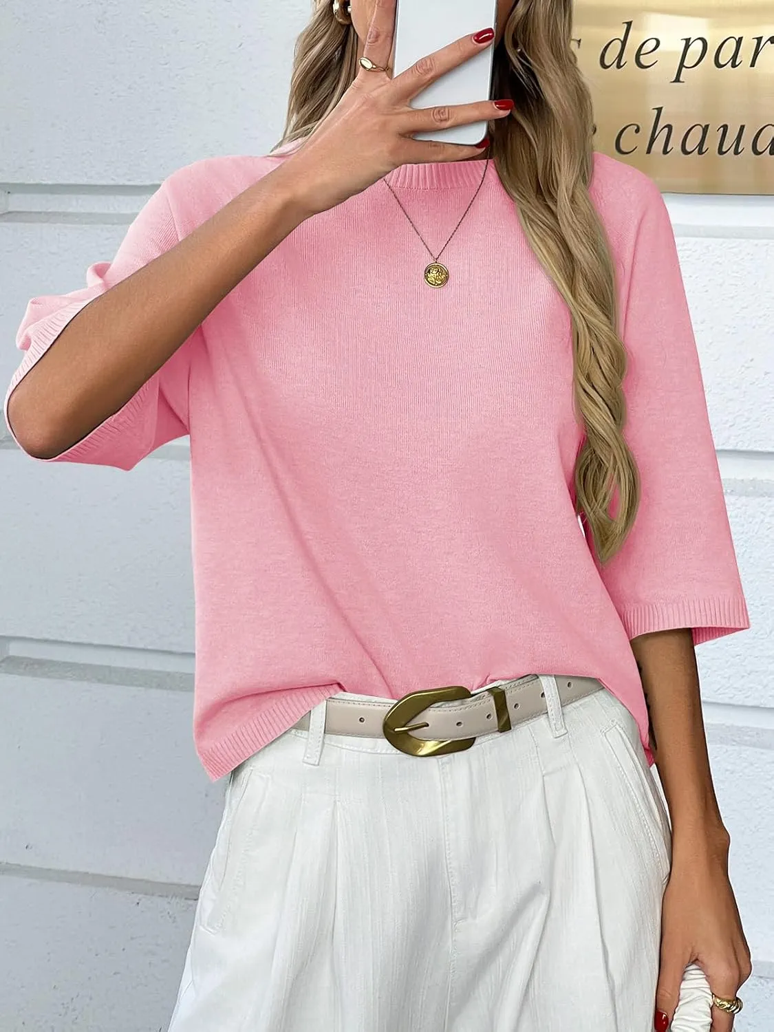 Saodimallsu Womens Half Sleeve Sweater Tops Summer Crew Neck Casual Loose Lightweight Sweaters Knit Pullover Shirts