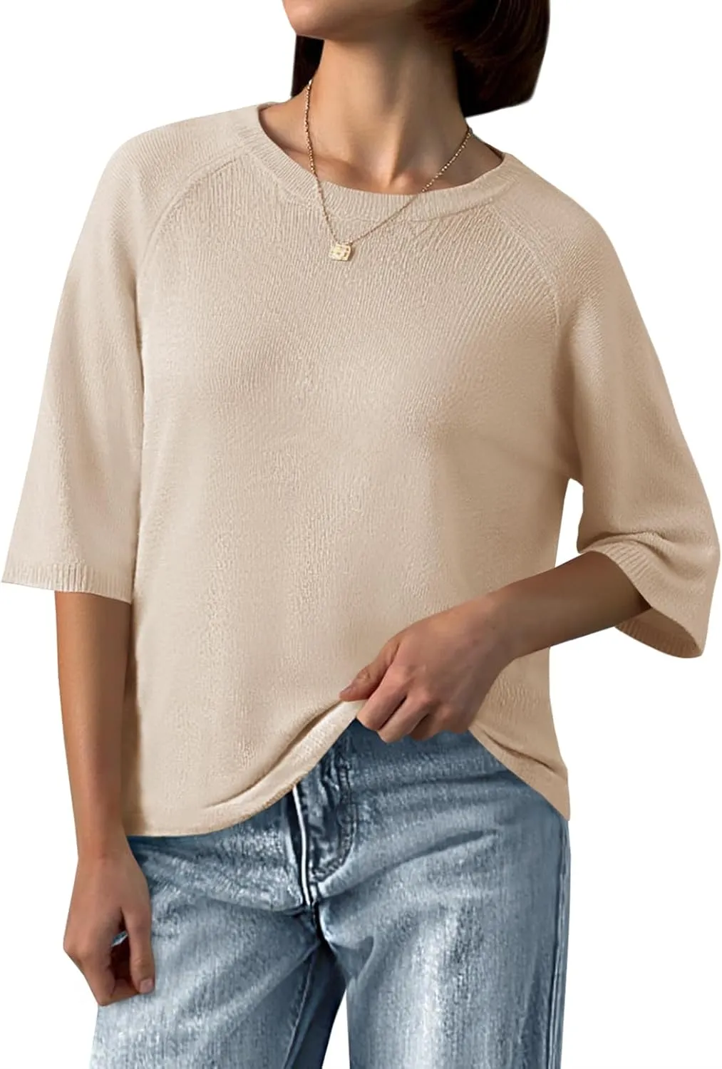 Saodimallsu Womens Half Sleeve Sweater Tops Summer Crew Neck Casual Loose Lightweight Sweaters Knit Pullover Shirts