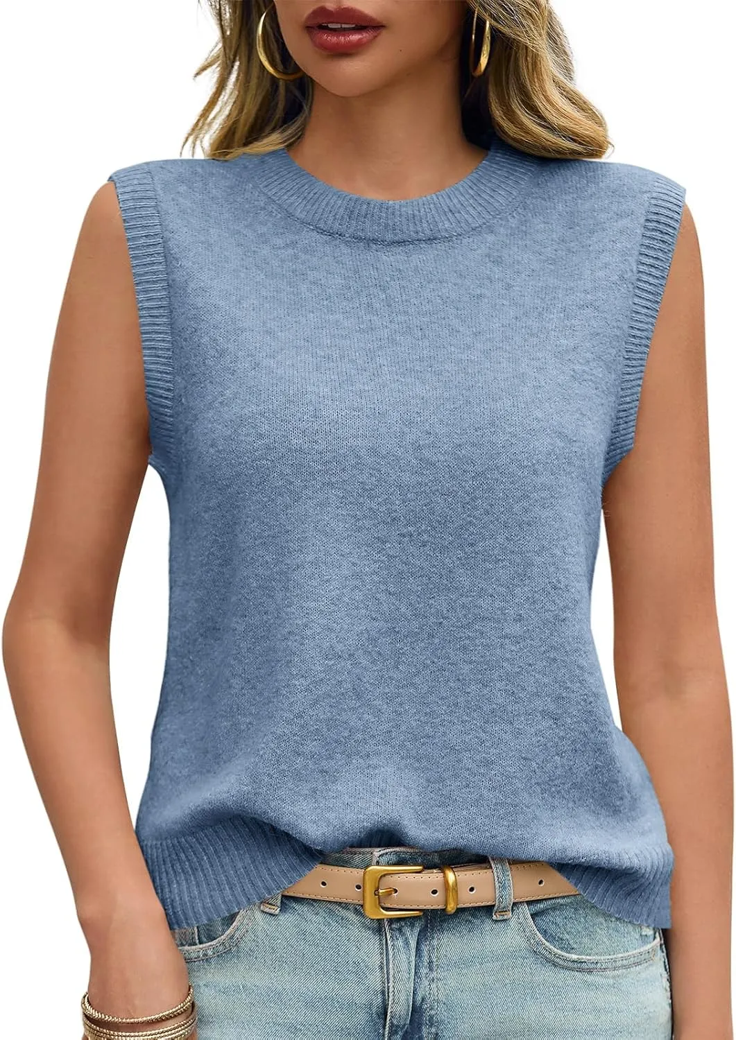 Saodimallsu Womens Sleeveless Sweater Vest Summer Casual Cap Sleeve Crew Neck Loose Knit Lightweight Pullover Tank Tops