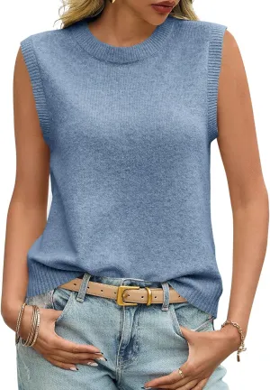 Saodimallsu Womens Sleeveless Sweater Vest Summer Casual Cap Sleeve Crew Neck Loose Knit Lightweight Pullover Tank Tops