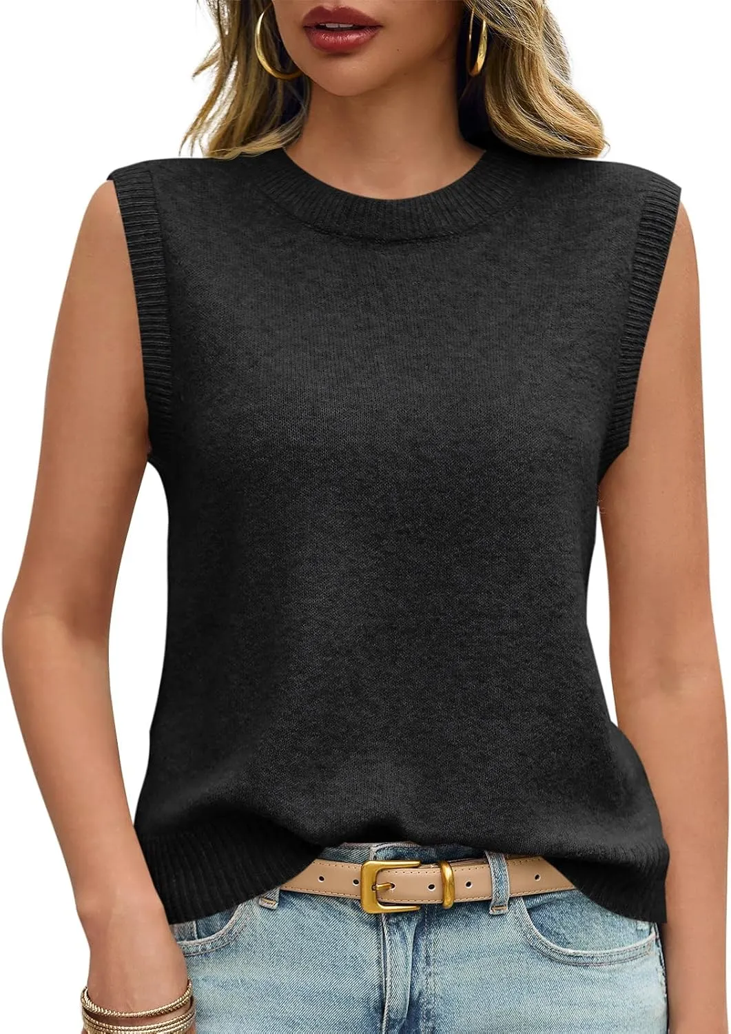 Saodimallsu Womens Sleeveless Sweater Vest Summer Casual Cap Sleeve Crew Neck Loose Knit Lightweight Pullover Tank Tops