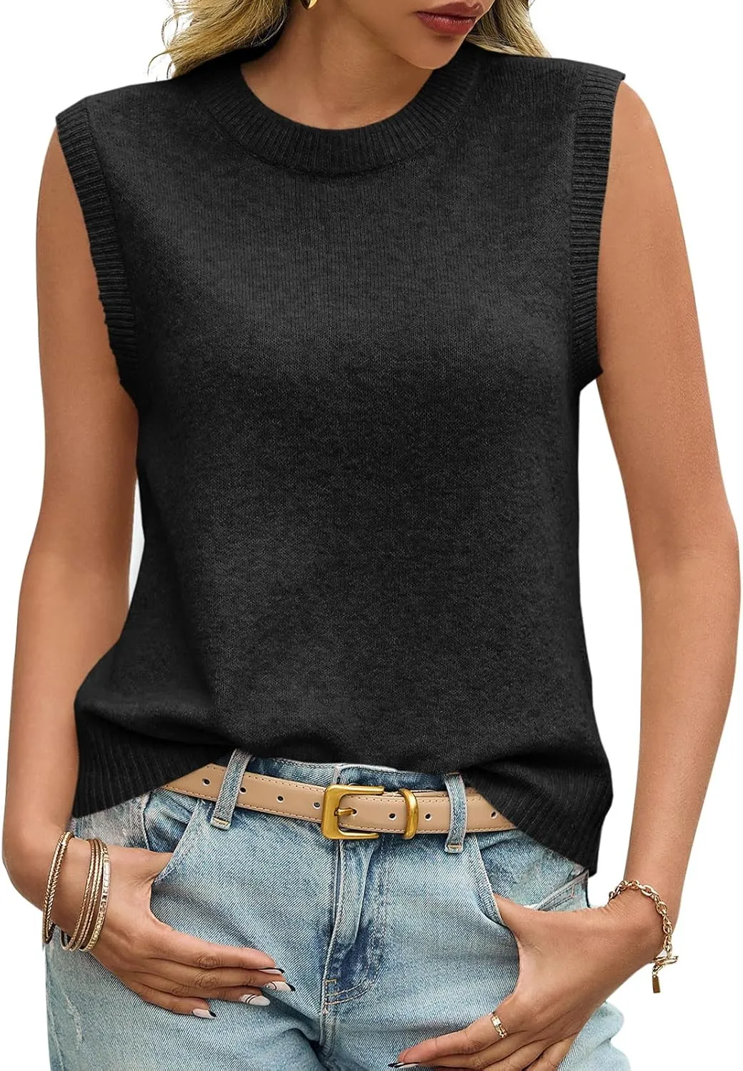 Saodimallsu Womens Sleeveless Sweater Vest Summer Casual Cap Sleeve Crew Neck Loose Knit Lightweight Pullover Tank Tops