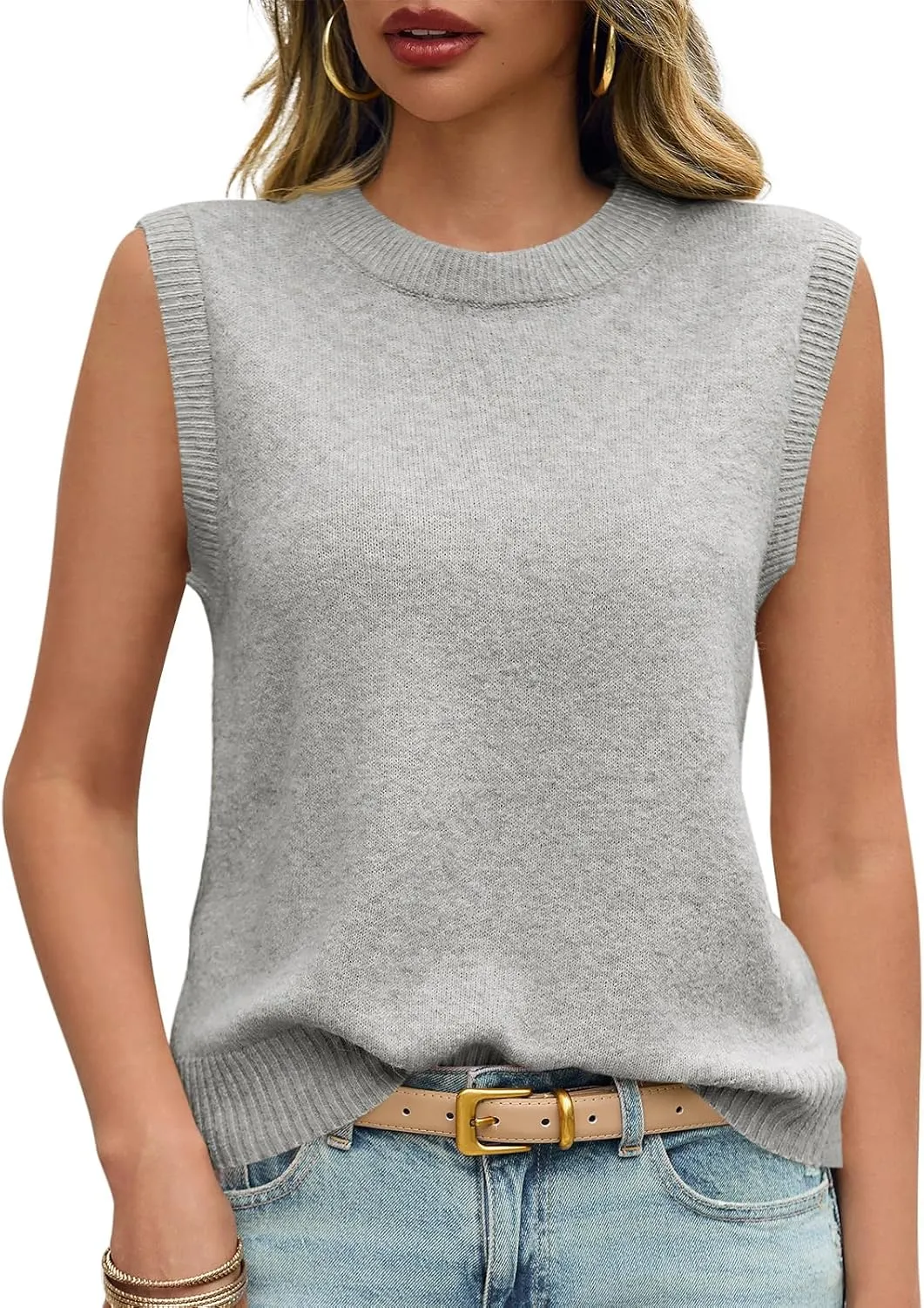 Saodimallsu Womens Sleeveless Sweater Vest Summer Casual Cap Sleeve Crew Neck Loose Knit Lightweight Pullover Tank Tops