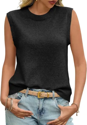 Saodimallsu Womens Sleeveless Sweater Vest Summer Casual Cap Sleeve Crew Neck Loose Knit Lightweight Pullover Tank Tops