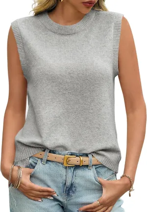 Saodimallsu Womens Sleeveless Sweater Vest Summer Casual Cap Sleeve Crew Neck Loose Knit Lightweight Pullover Tank Tops