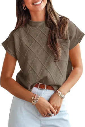 Saodimallsu Womens Summer Mock Neck Sweater Cap Sleeve Lightweight Sweater Vest Casual Loose Knit Pullover Tank Tops