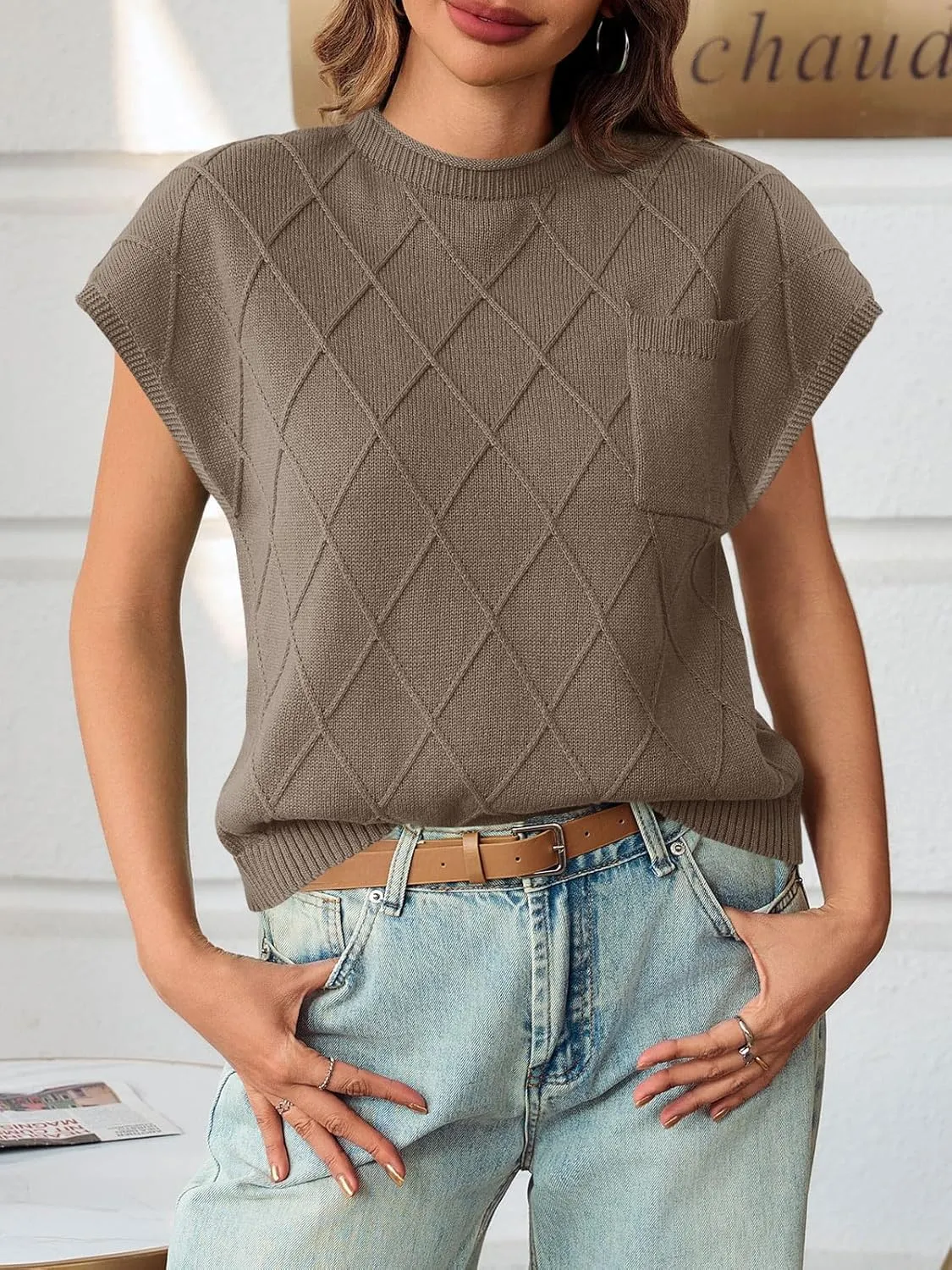 Saodimallsu Womens Summer Mock Neck Sweater Cap Sleeve Lightweight Sweater Vest Casual Loose Knit Pullover Tank Tops