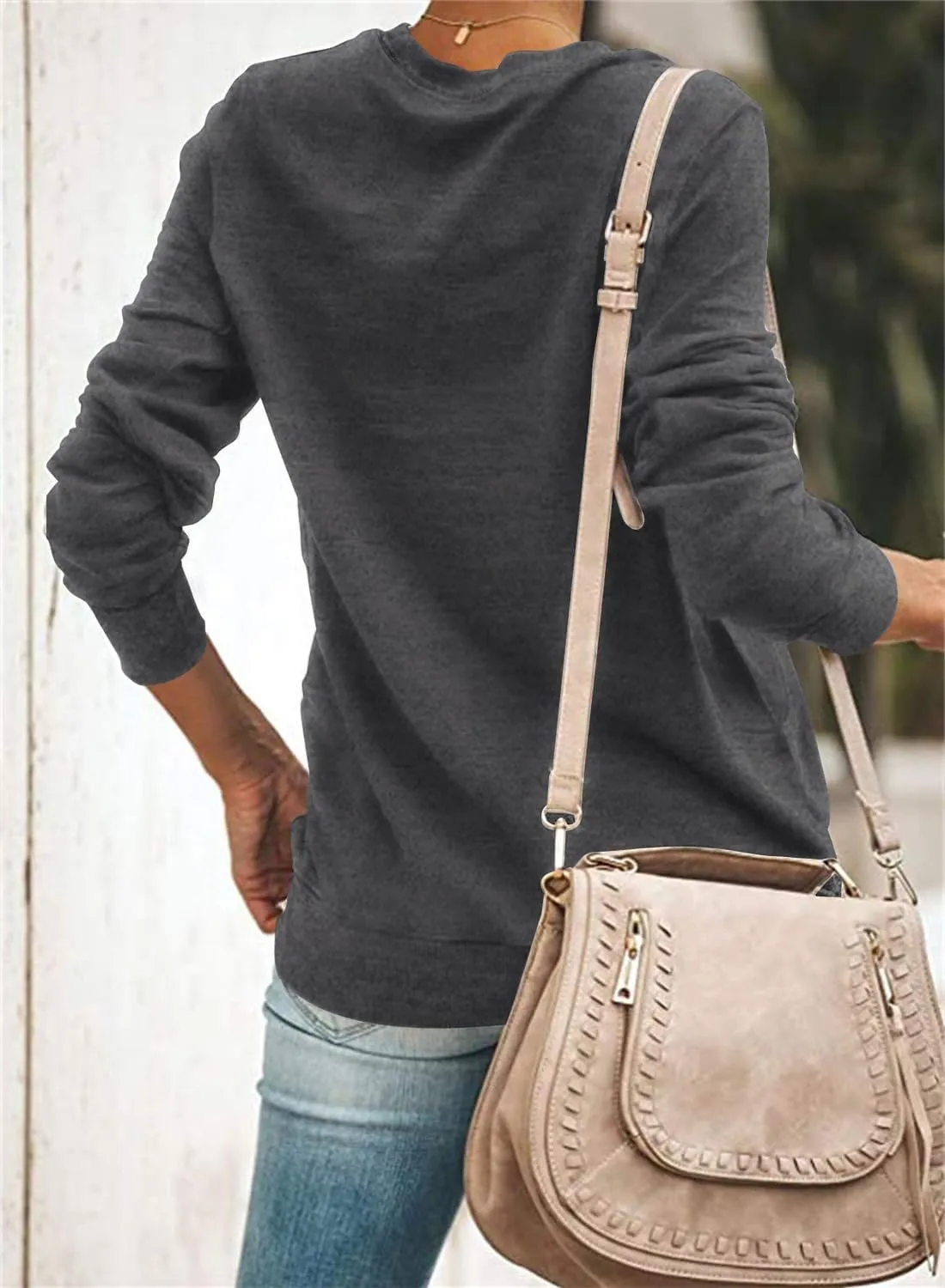 SENSERISE Womens Casual Crewneck Sweatshirt Long Sleeve Solid Color Shirt Soft Lightweight Loose Top