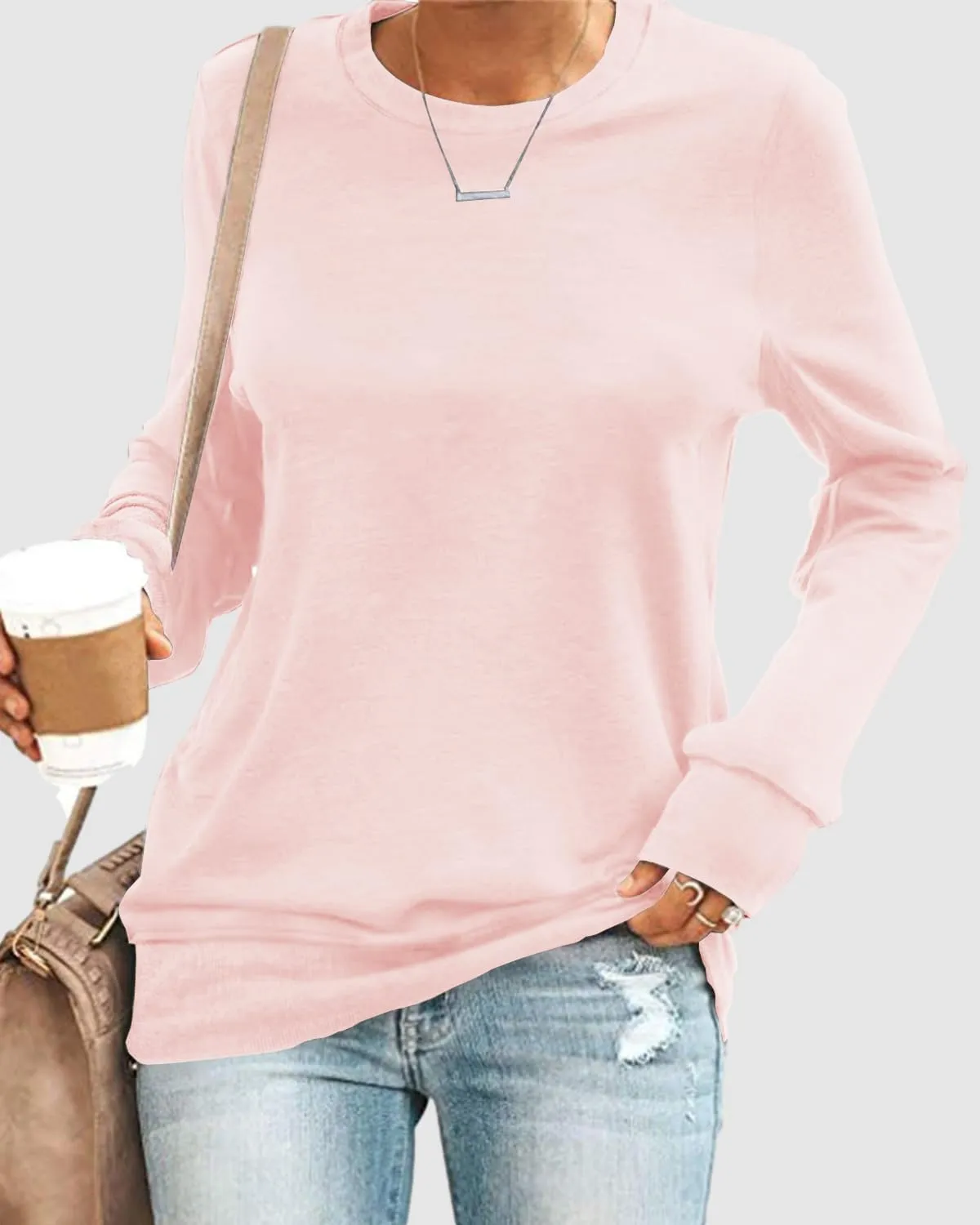 SENSERISE Womens Casual Crewneck Sweatshirt Long Sleeve Solid Color Shirt Soft Lightweight Loose Top