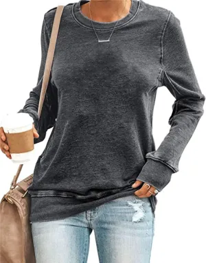 SENSERISE Womens Casual Crewneck Sweatshirt Long Sleeve Solid Color Shirt Soft Lightweight Loose Top