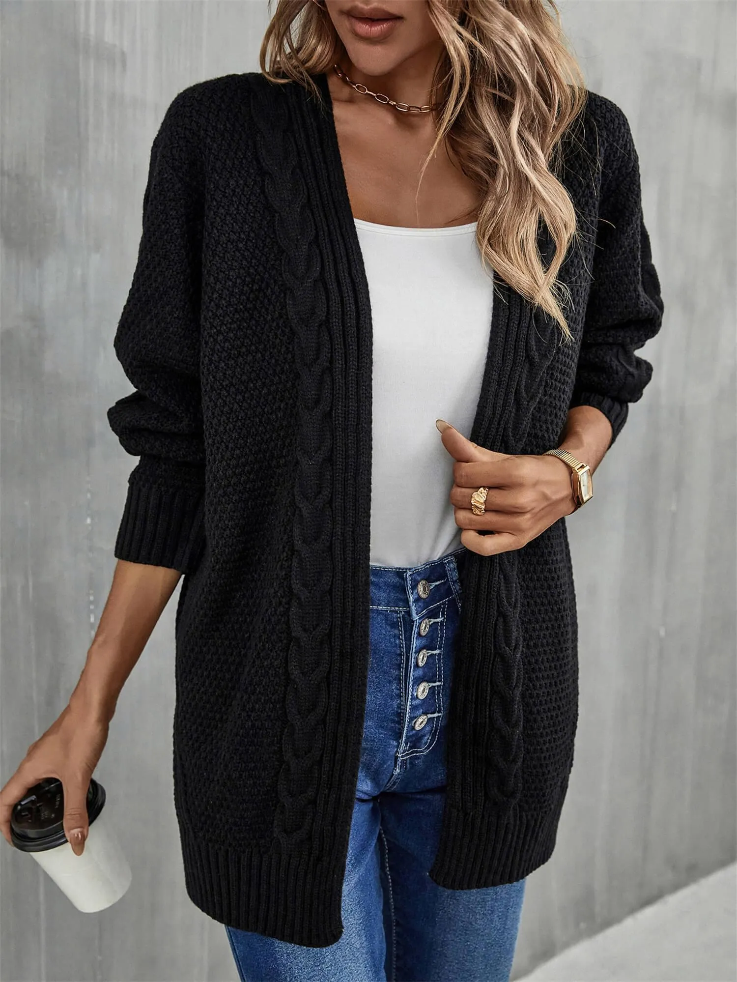 Serene Mixed Knit Open Front Longline Cardigan
