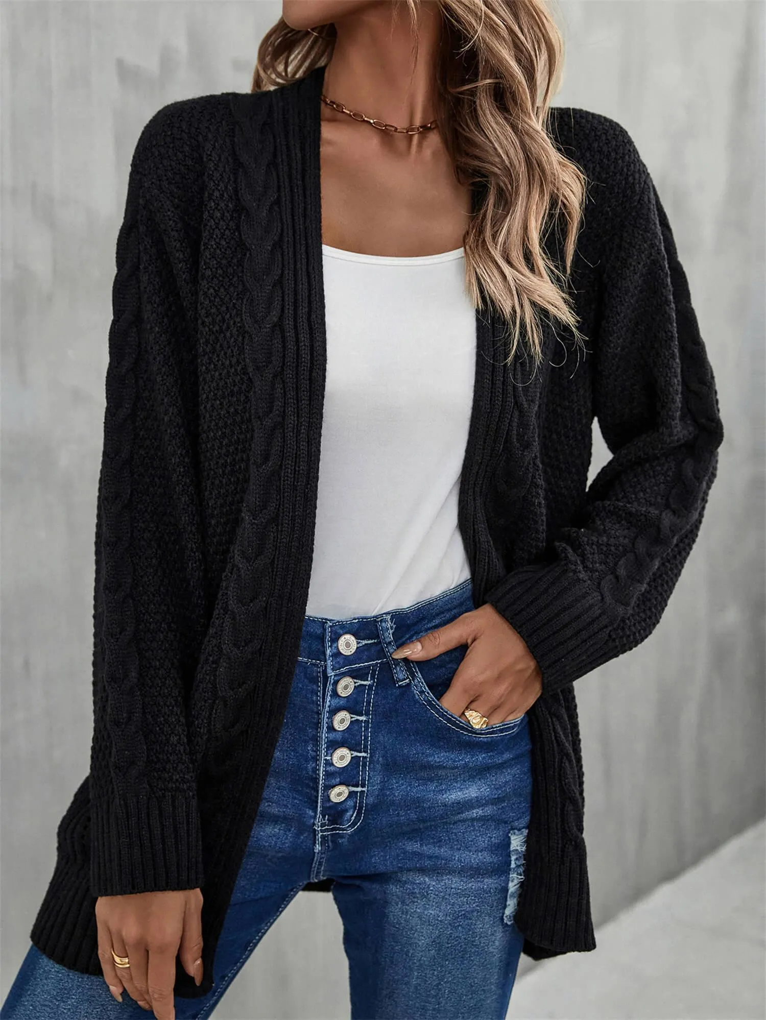 Serene Mixed Knit Open Front Longline Cardigan
