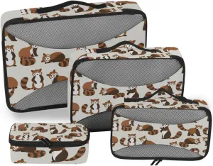 Set of 4 Pack Packing Cubes Cute Red Panda on Brown Travel Organizer Packing Cube Suitcase Organizer Bags Set for Travel Accessory