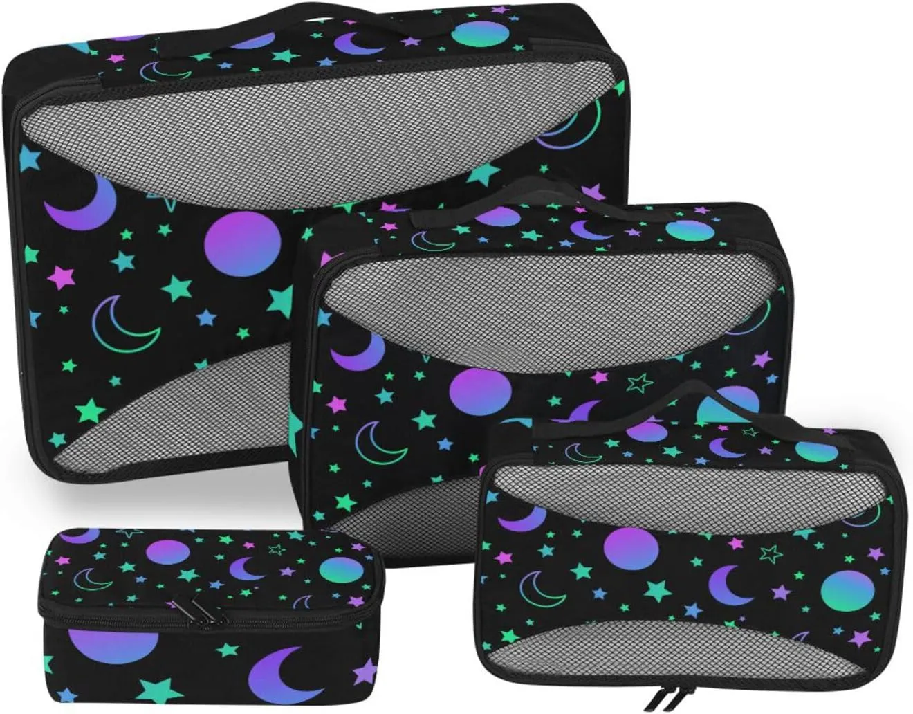 Set of 4 Pack Packing Cubes Purple Green Moon Sun Star Travel Organizer Packing Cube Suitcase Organizer Bags Set for Travel Accessory