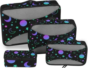 Set of 4 Pack Packing Cubes Purple Green Moon Sun Star Travel Organizer Packing Cube Suitcase Organizer Bags Set for Travel Accessory