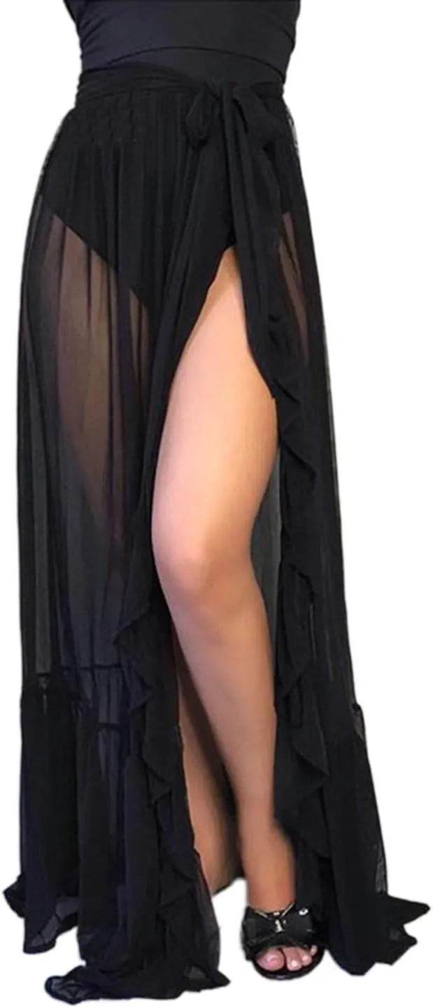 Sexy Women See-Through Maxi Skirt Slit Sheer Mesh Maxi Skirt Dress Clubwear Bikini Cover Up