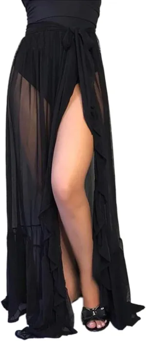 Sexy Women See-Through Maxi Skirt Slit Sheer Mesh Maxi Skirt Dress Clubwear Bikini Cover Up