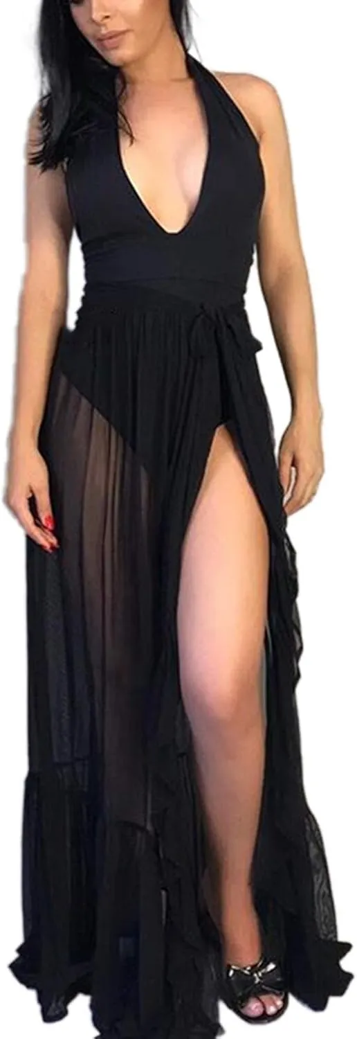 Sexy Women See-Through Maxi Skirt Slit Sheer Mesh Maxi Skirt Dress Clubwear Bikini Cover Up