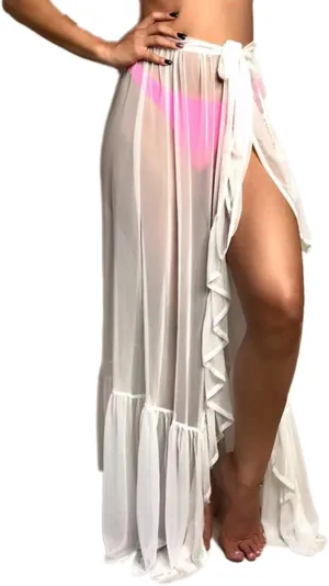 Sexy Women See-Through Maxi Skirt Slit Sheer Mesh Maxi Skirt Dress Clubwear Bikini Cover Up