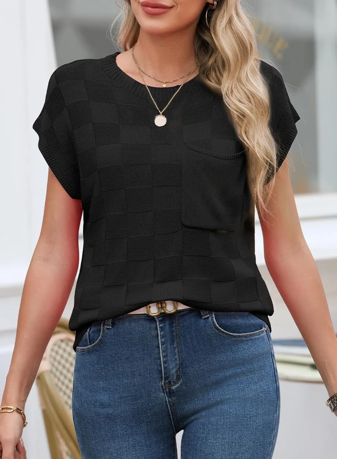 SHEWIN Womens Summer Cap Sleeve Tops Casual Crewneck Knit Short Sleeve Sweater Loose Fit Lightweight Shirts