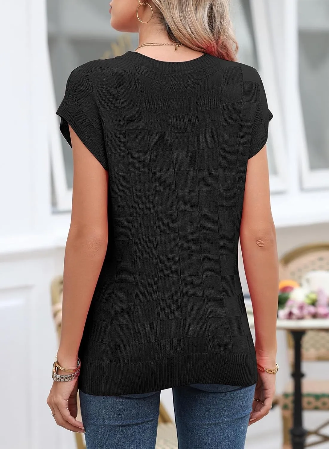 SHEWIN Womens Summer Cap Sleeve Tops Casual Crewneck Knit Short Sleeve Sweater Loose Fit Lightweight Shirts