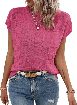 SHEWIN Womens Summer Cap Sleeve Tops Casual Crewneck Knit Short Sleeve Sweater Loose Fit Lightweight Shirts