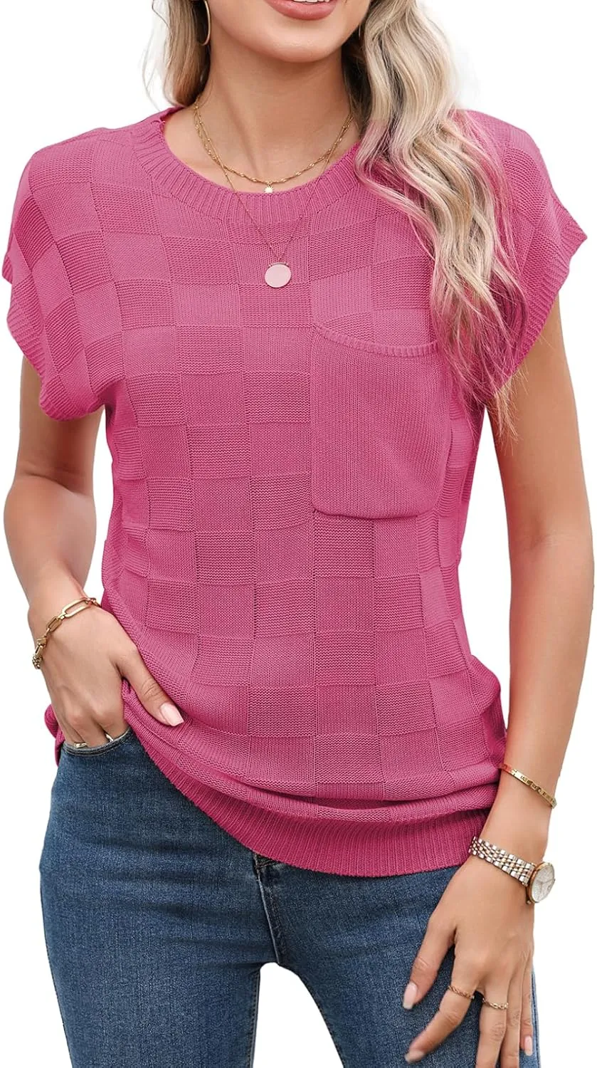 SHEWIN Womens Summer Cap Sleeve Tops Casual Crewneck Knit Short Sleeve Sweater Loose Fit Lightweight Shirts