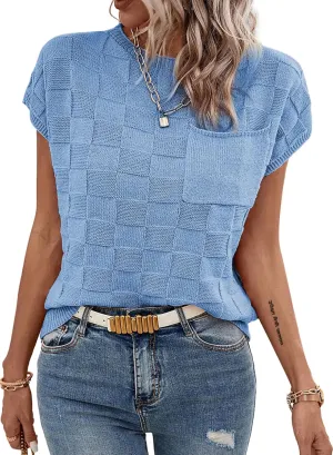 SHEWIN Womens Summer Cap Sleeve Tops Casual Crewneck Knit Short Sleeve Sweater Loose Fit Lightweight Shirts