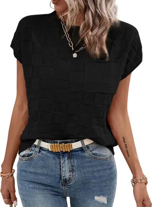 SHEWIN Womens Summer Cap Sleeve Tops Casual Crewneck Knit Short Sleeve Sweater Loose Fit Lightweight Shirts