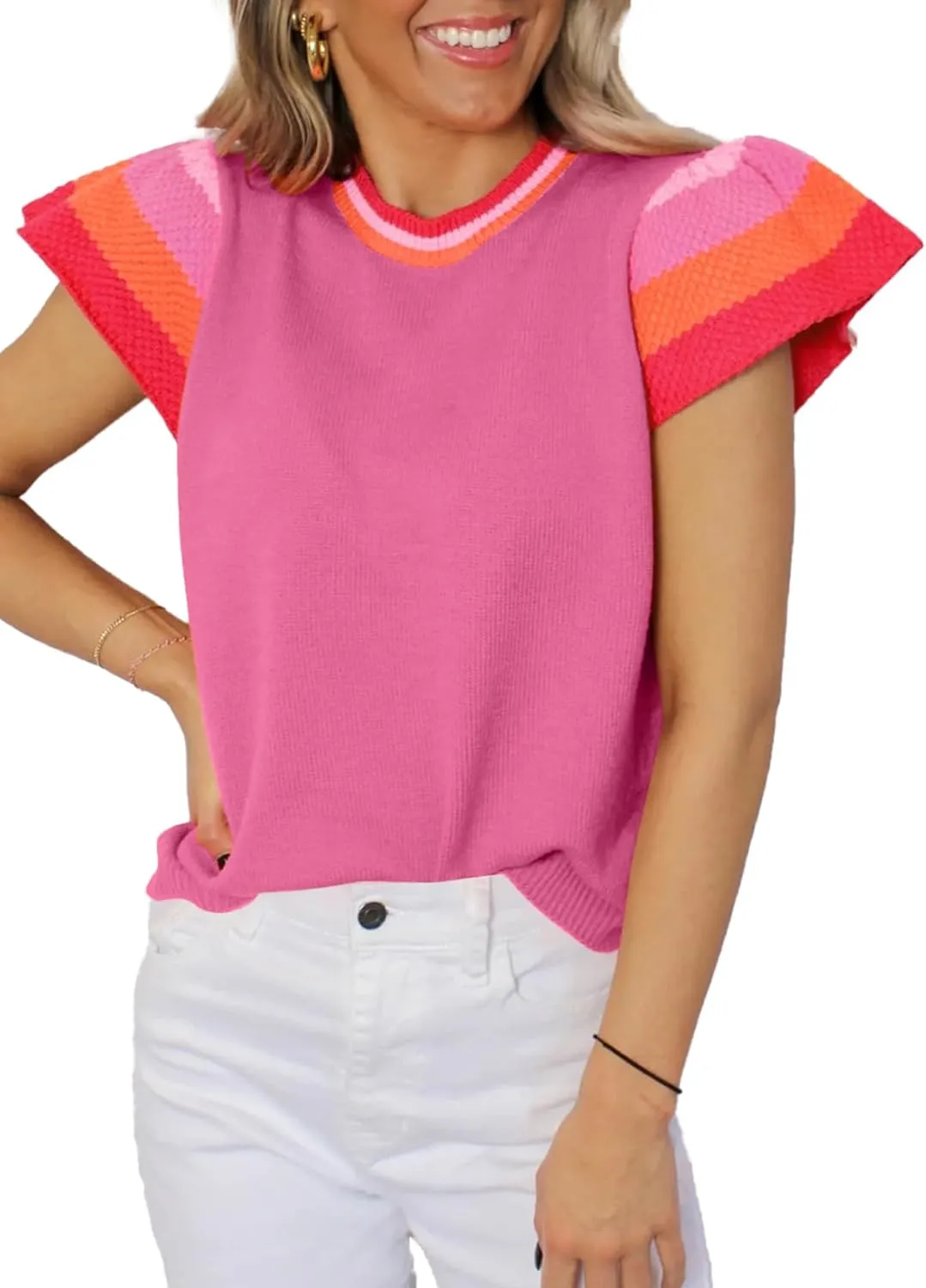 SHEWIN Womens Summer Cap Sleeve Tops Casual Crewneck Loose Fit Knit Lightweight Sweater Pullover Top