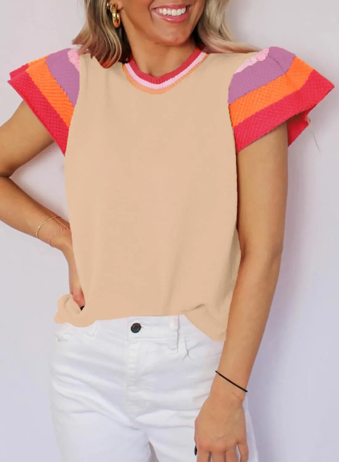 SHEWIN Womens Summer Cap Sleeve Tops Casual Crewneck Loose Fit Knit Lightweight Sweater Pullover Top