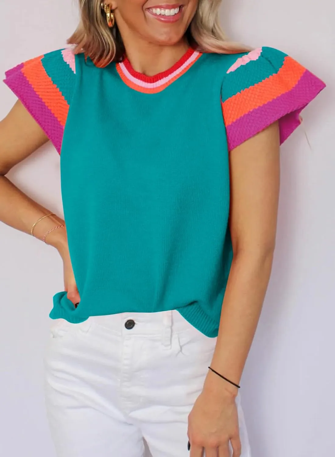 SHEWIN Womens Summer Cap Sleeve Tops Casual Crewneck Loose Fit Knit Lightweight Sweater Pullover Top