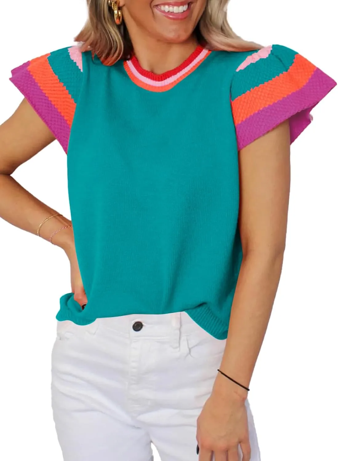 SHEWIN Womens Summer Cap Sleeve Tops Casual Crewneck Loose Fit Knit Lightweight Sweater Pullover Top