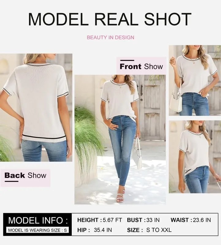 SHEWIN Womens Tops Trendy Casual Short Sleeve Shirts Crewneck Lightweight Knit Sweater Top