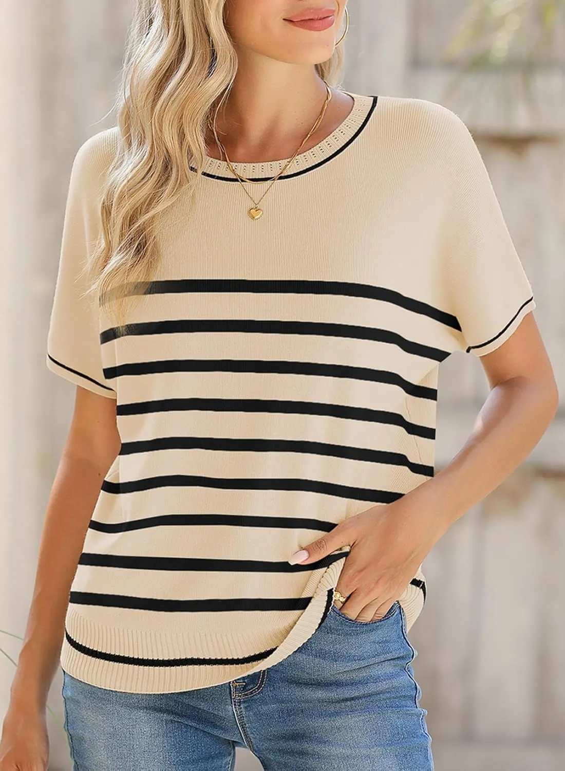 SHEWIN Womens Tops Trendy Casual Short Sleeve Shirts Crewneck Lightweight Knit Sweater Top