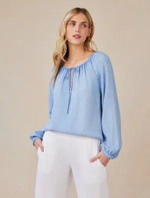 Shirred Raglan Tie Front Blouse
