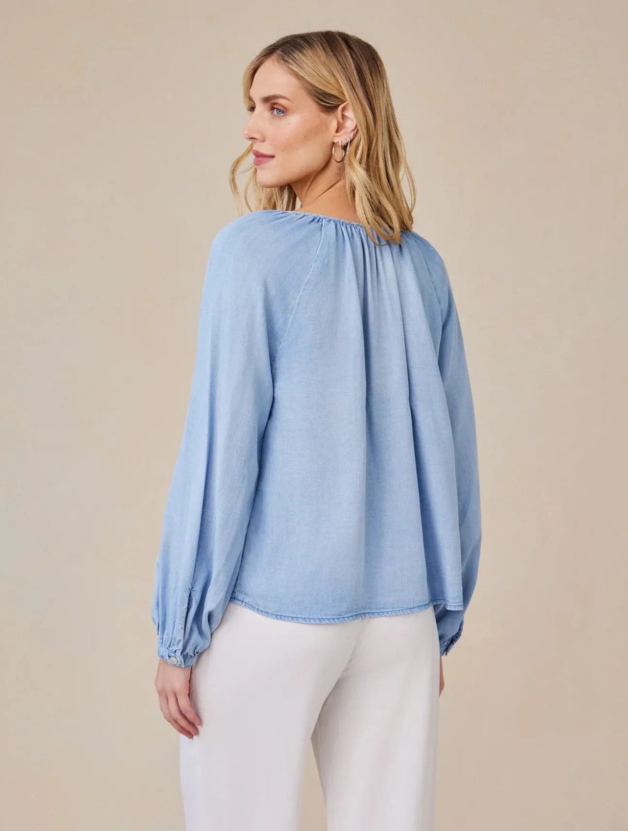 Shirred Raglan Tie Front Blouse