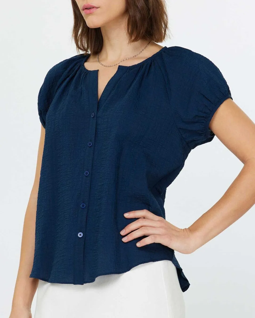 Short Sleeve Button Down Blouse - Navy