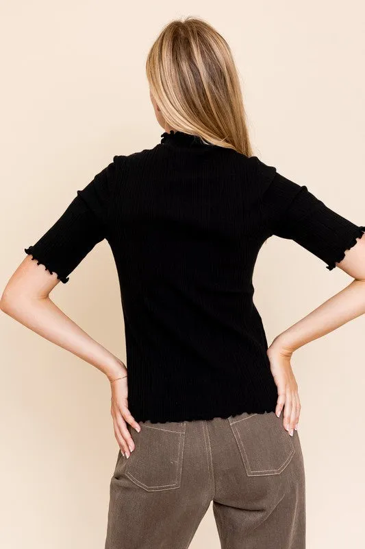 Short Sleeve Mock Neck Merrow Edge Top NEW