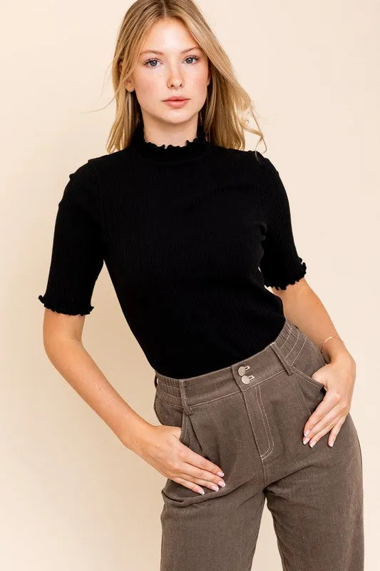 Short Sleeve Mock Neck Merrow Edge Top NEW