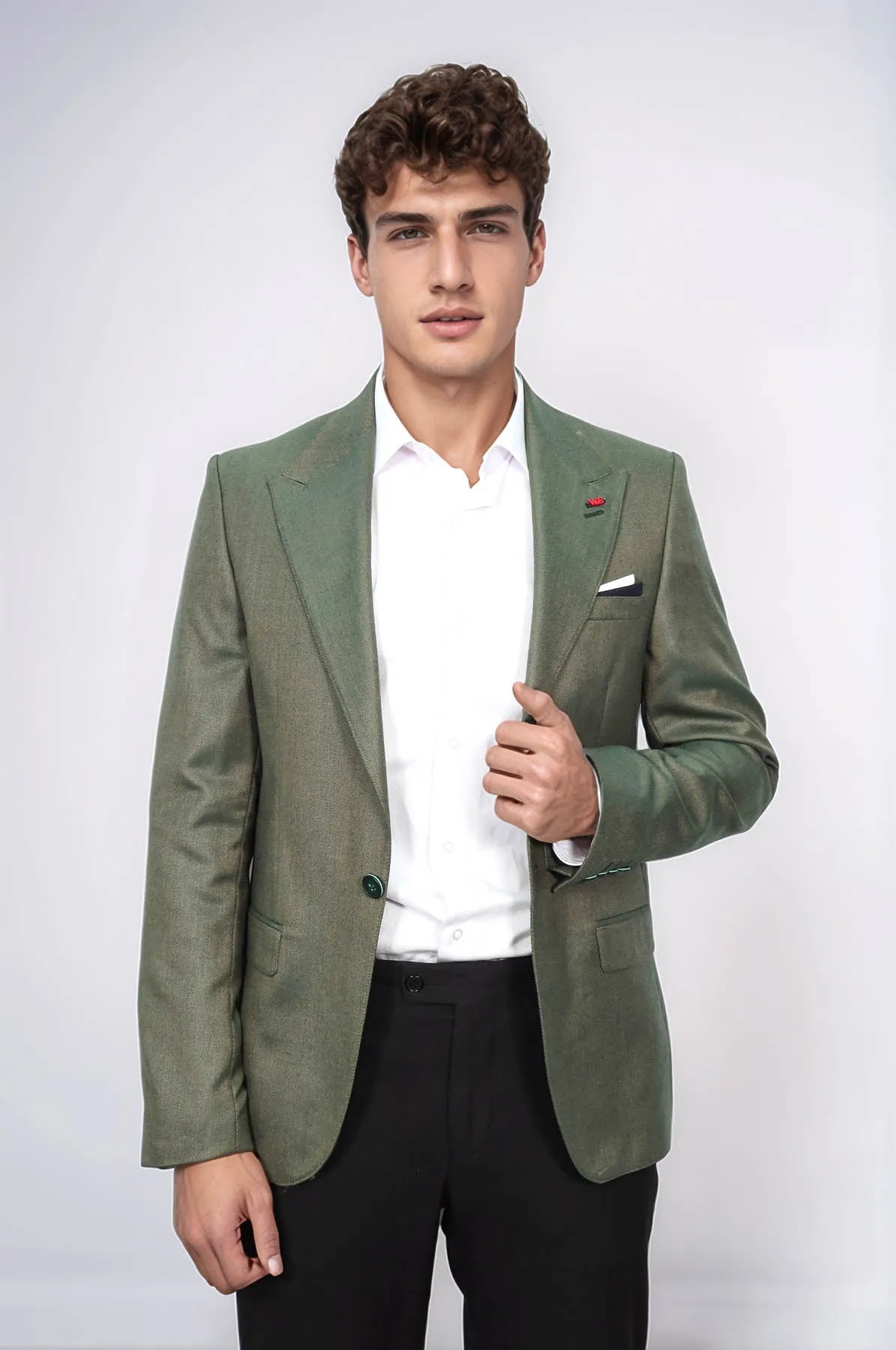 Single Button Half Liner Pointed Collar Green Jacket-Wessi