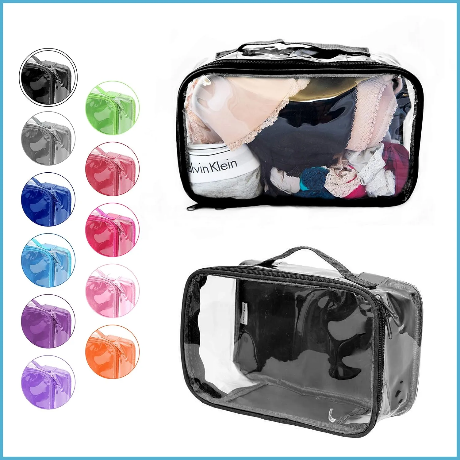 Small Clear Travel Packing Cube/See Through PVC Plastic Pouch for Carry On Suitcase, Backpack or Diaper Bag/Transparent Multipurpose Accessories, Makeup & Underwear Organizer w/Handle (Black)