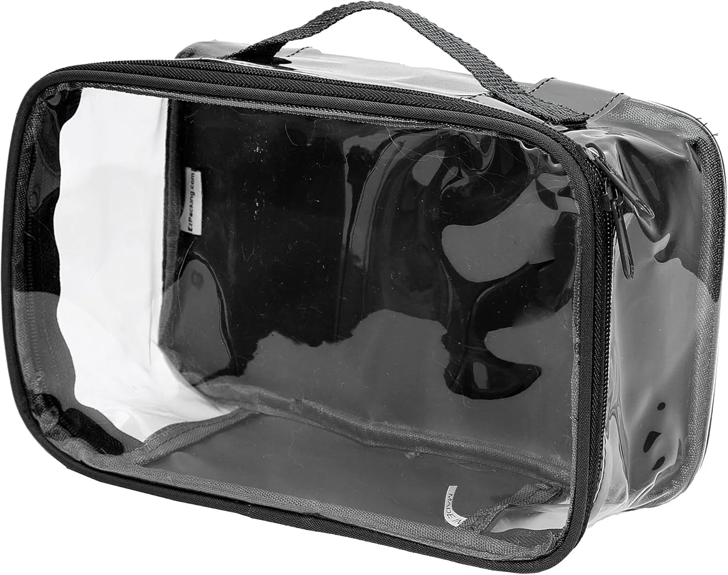 Small Clear Travel Packing Cube/See Through PVC Plastic Pouch for Carry On Suitcase, Backpack or Diaper Bag/Transparent Multipurpose Accessories, Makeup & Underwear Organizer w/Handle (Black)