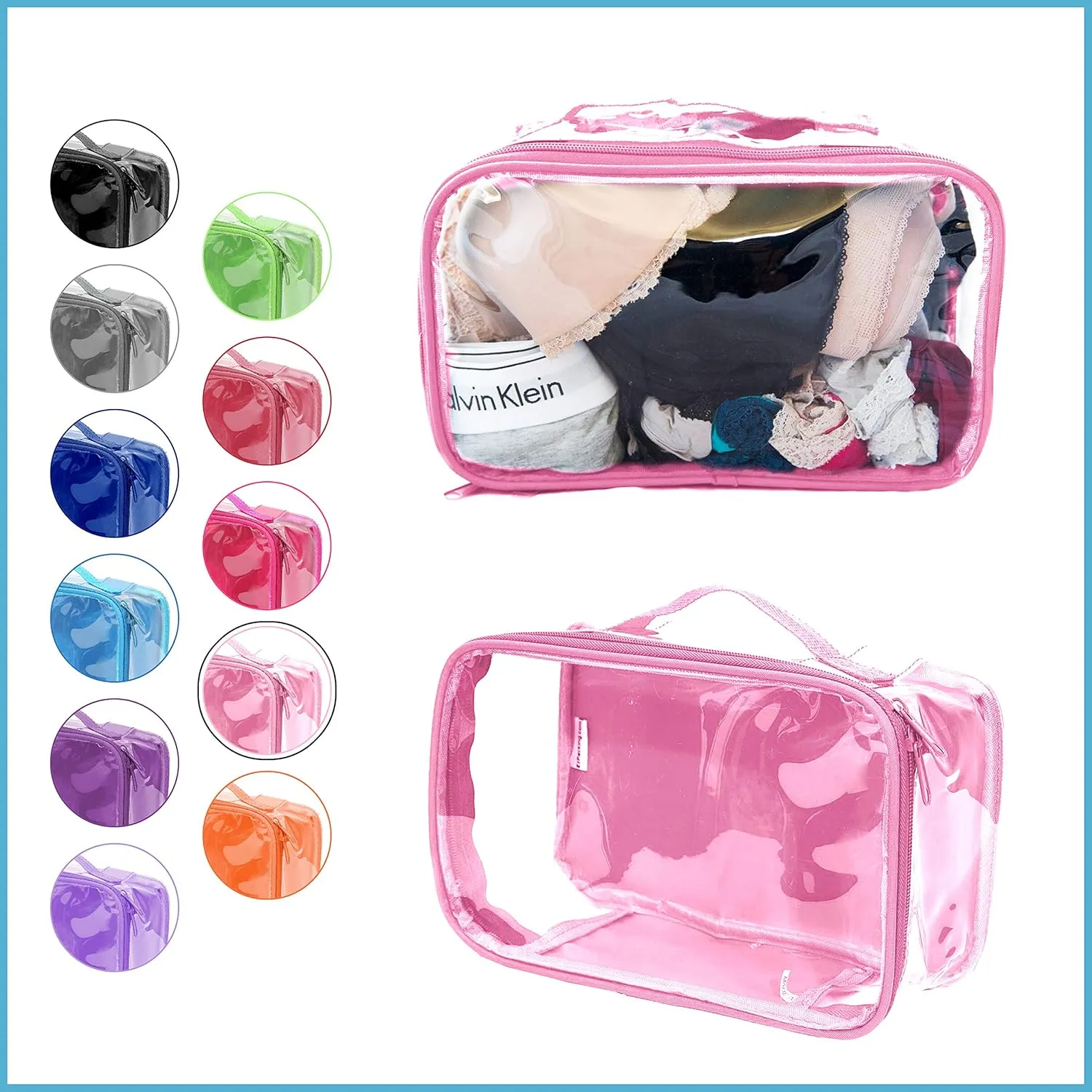 Small Clear Travel Packing Cube/See Through PVC Plastic Pouch for Carry On Suitcase, Backpack or Diaper Bag/Transparent Multipurpose Accessories, Makeup & Underwear Organizer w/Handle (Rose)